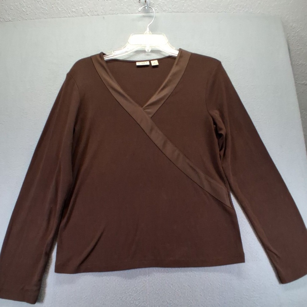 Cato Womens Brown Faux Wrap V-Neck Long Sleeve Top Satin Trim Size M